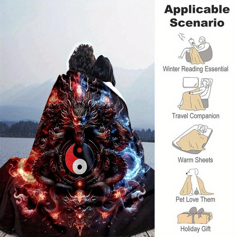 1pc Fire and Ice Yin Yang Dragons Blanket  Soft Throw for Home Decor, Perfect Gift for All Seasons, Living Room, Travel, Camping, Car Blankets