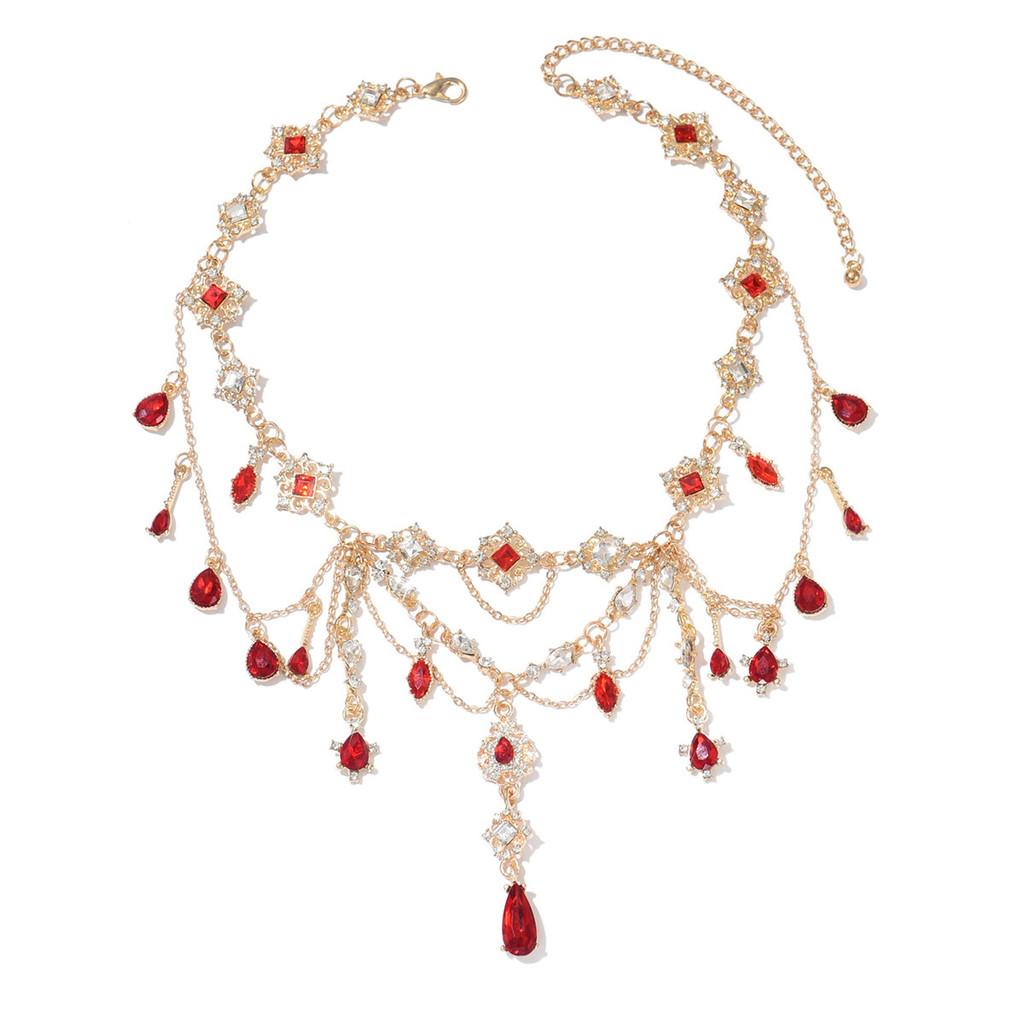 

Gothic Necklace Geometric Red Gemstone Pendant With Multilayer Design For Women