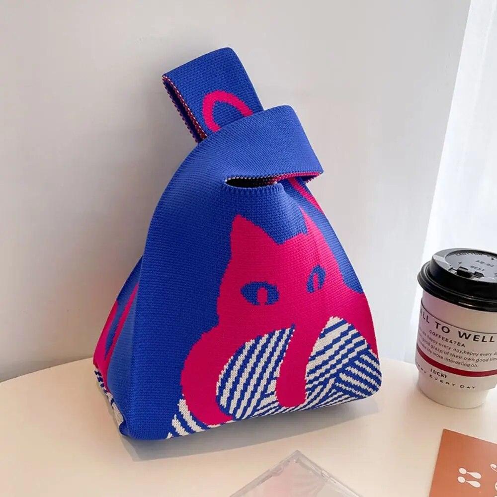 Fashion Handmade Cat Knit Handbag Casual Color Tote Bag Student Reusable Shopping Bags Women Mini Knot Wrist Bag