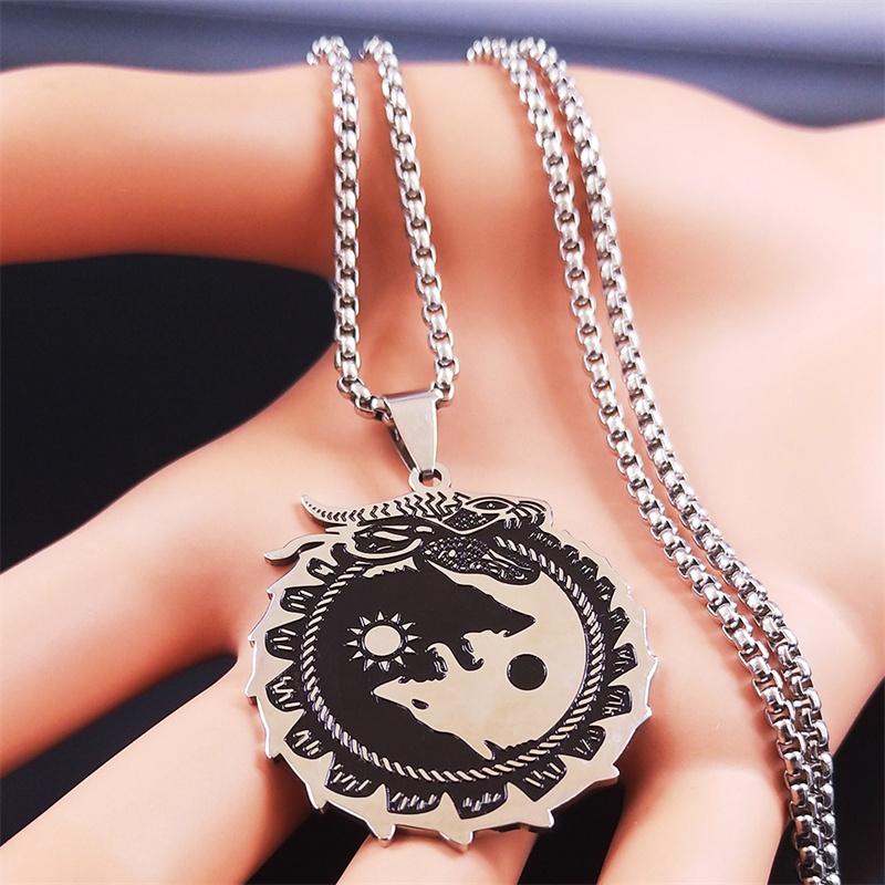 Yin Yang Gossip Wolf Sun Moon Stainless Steel Dragon Pendant Necklace Silver Color Statement Necklace Jewelry Collar N3694S02