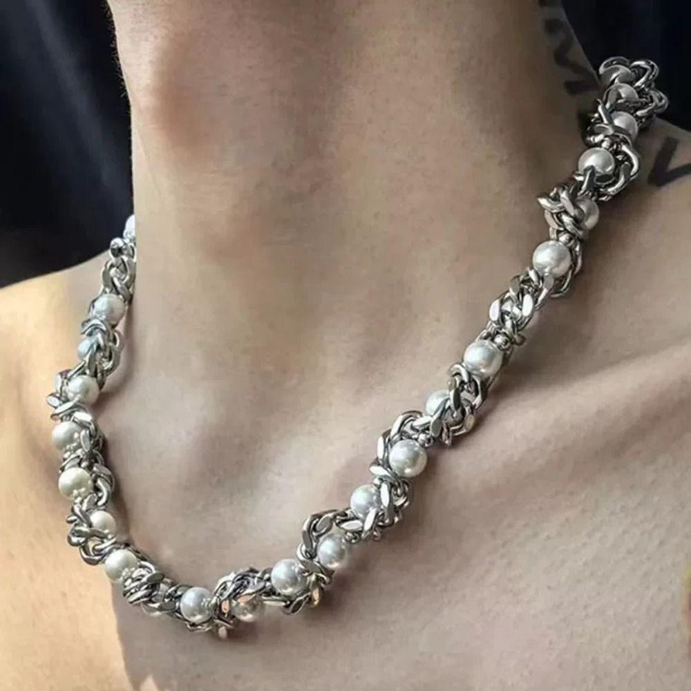 Personalized Pearl Necklace Punk Stainless Steel Necklace Unique Choker Men  Women