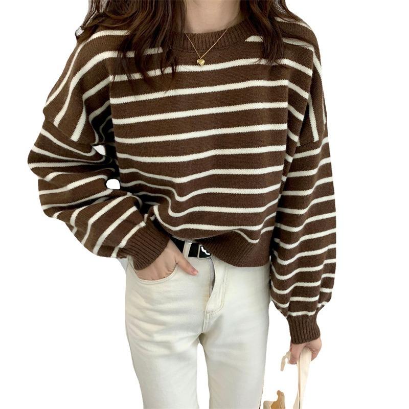 Back Slit Retro Short Section Round Neck Pullover Striped Sweater Female Thick Section Loose Round Neck Knitted Bottoming Shirt Outer Wear