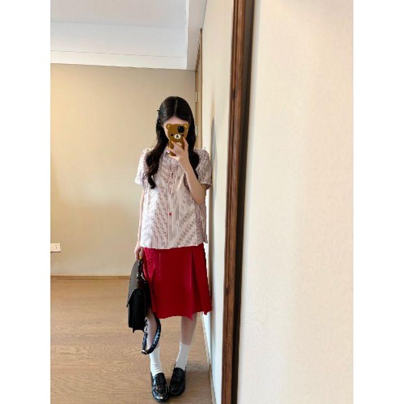 

Kumikumi Модный комплект Полосатый рубашки с коротким рукавом и воротником поло Женский летний красный Юбка с высокой талией Комплект из двух предметов Stripes Shirt S