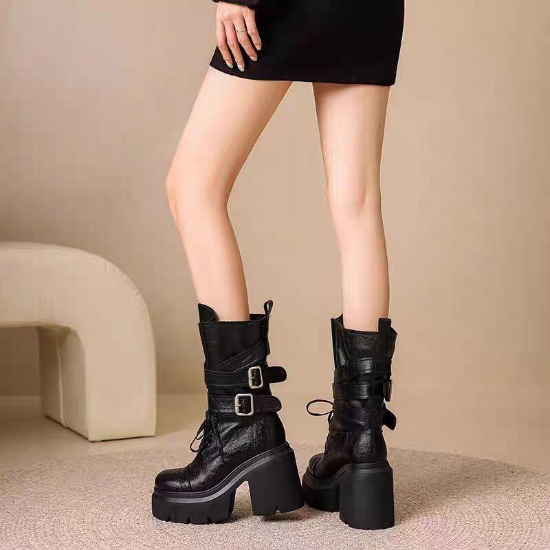 Western Mid-Tube Boots Autumn And Winter New Round Toe Metal Belt Buckle Sleeve Platform Non-Slip Block Heel Shoes
