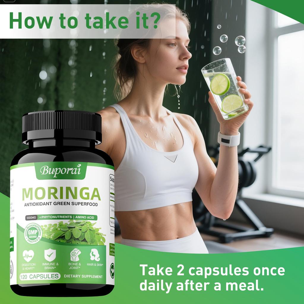 Cápsulas de folhas de moringa, 1000 mg por dose, antioxidante, melhora a saúde da pele e das articulações, adequado para adultos.