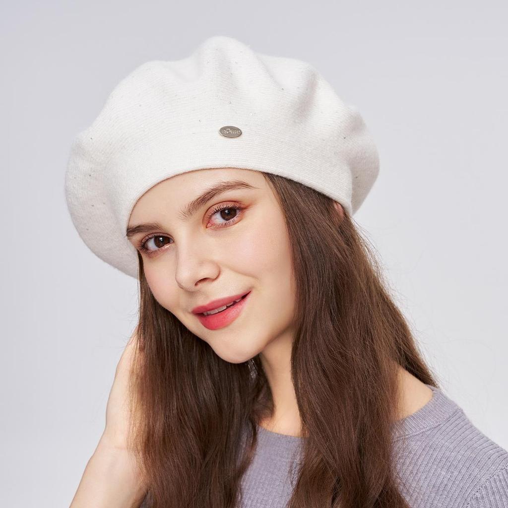 A Women's Beret Knitted Woolen Hat with Autumn and Winter Thick Ear Protection Wool Hat and Shiny Diamond Decoration