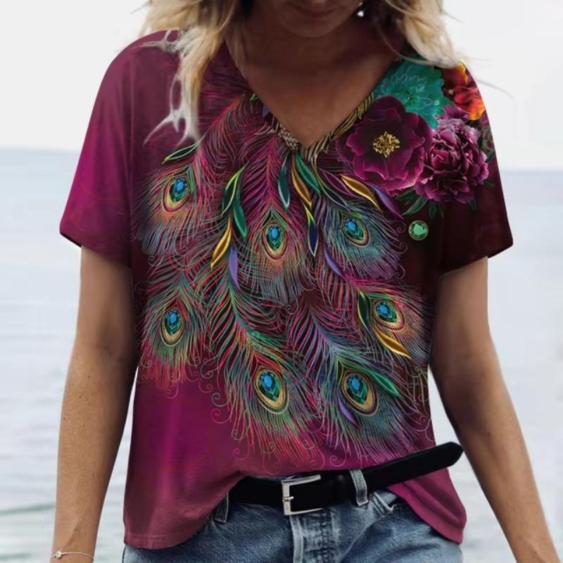 Summer V Neck Women T-Shirts 3D Print Peacock Feather Graphic Fashion Short Sleeve Harajuku Y2k Top Oversized Casual Female T Shirt