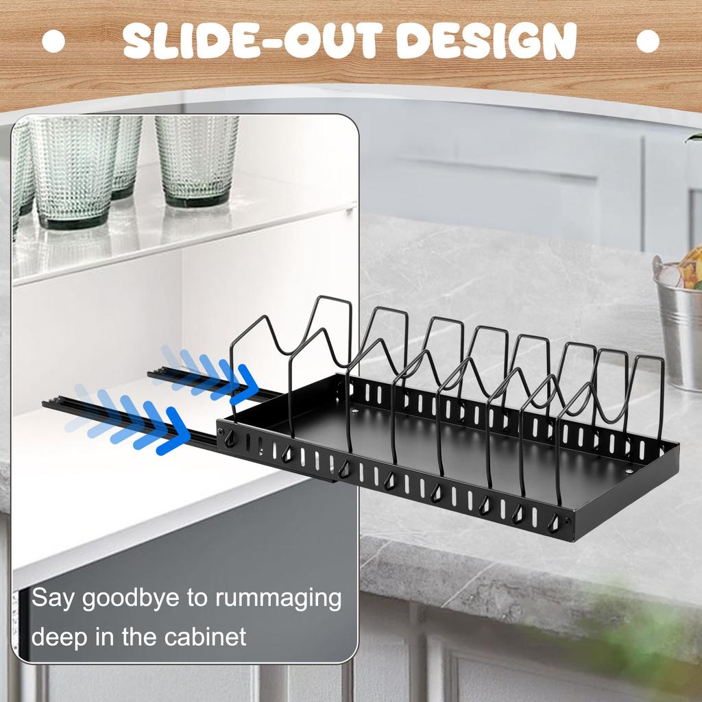 Pull Out Pans Organizer Rack with 8 Adjustable Dividers Sliding Pot and Lid Holder Kitchen Cabinet Utensils Storage Rack