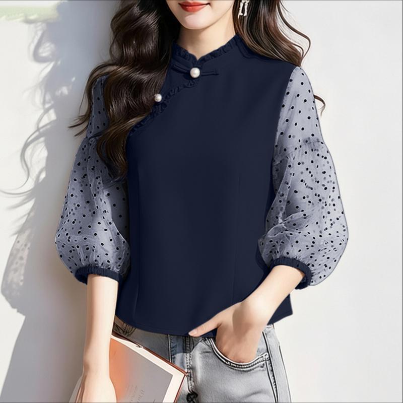 ZANZEA Damen durchsichtiges Netz-Patchwork 3/4-Ärmel Freizeitbluse