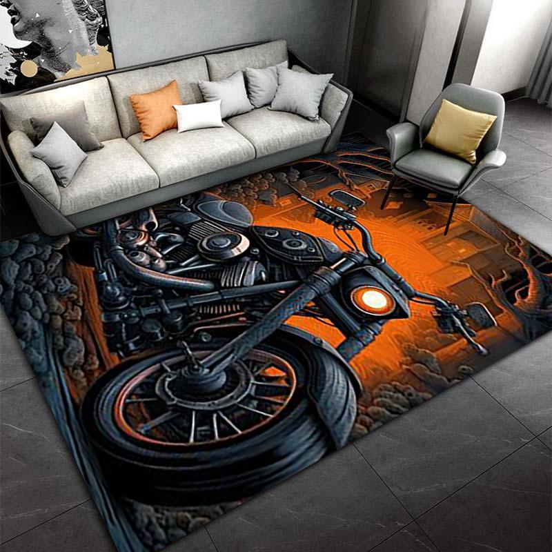 "Motorcycle Design Rug with Fiery Orange Background for Home Decor" Suitable for use as an anti-slip for living room bedroom sofas