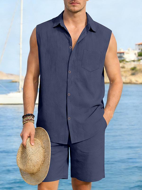 Men's European and American Linen Casual Short-Sleeve Button-Down Shirt & Vest Shorts Set