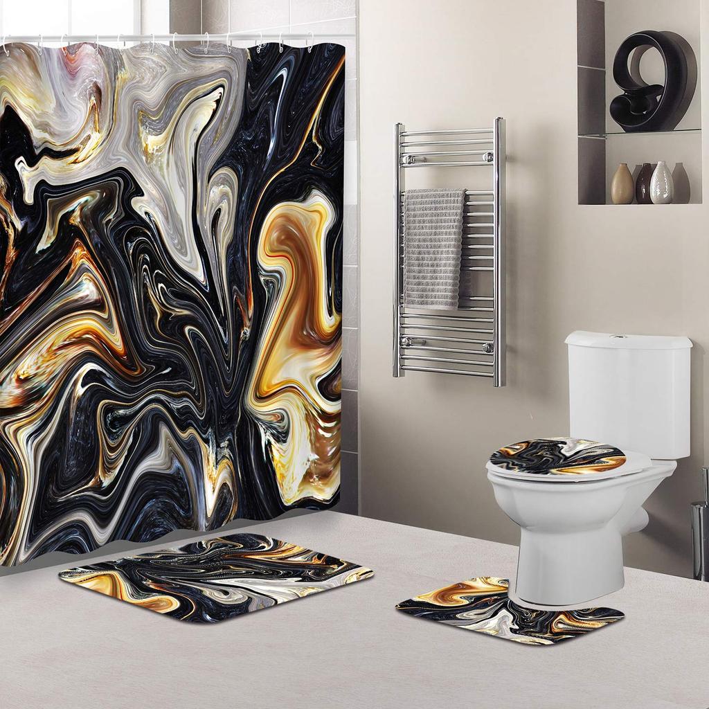 Watercolor Multi-Color Flowers Shower Curtain Sets Non-Slip Rug Toilet Lid Cover Bath Mat Waterproof Abstract Bathroom Curtains