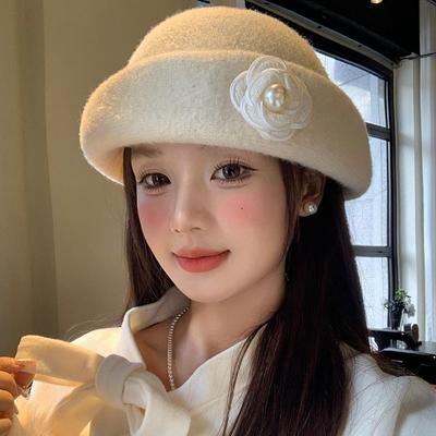 Bow Woolen Bucket Hat Camellia Flower Wool Fisherman Hat Elegant Women Formal Hat Ladies