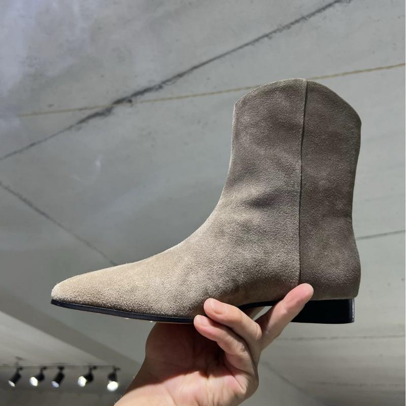 Vintage Kůže Matný Semiš Špičatý Podpatek Plochá Podrážka Úzké Kozačky Krátké Kozačky Westernové Kovbojské Kozačky Dámské Martensky