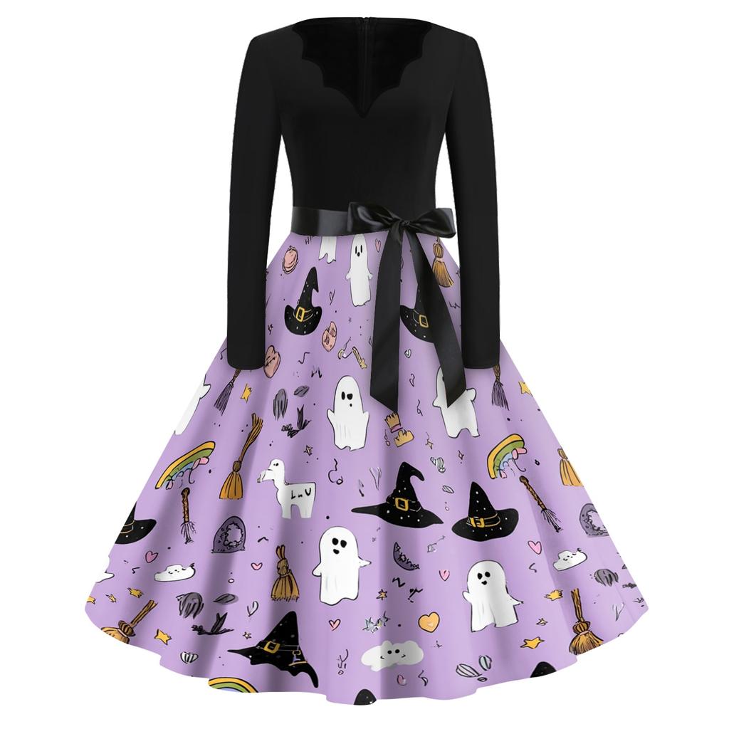 Women's Vintage V Neck Dress Long Sleeve Casual Halloween Print Retro Style Fit and Flare Midi Dress with Waist Tie and Floral Skeleton Cat Pattern