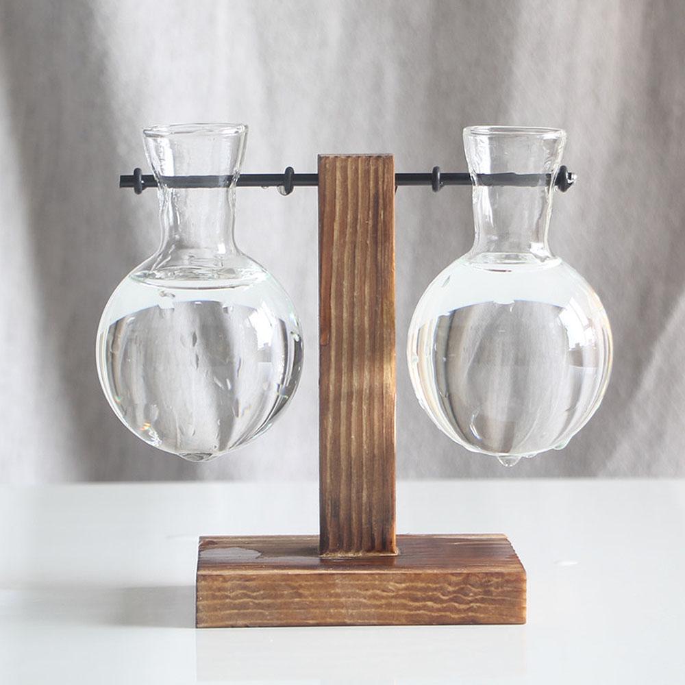 Hydroponic Vase with Wooden Stand Retro Glass Bulb Plant Propagation Station for Home Decoration 2 Containers