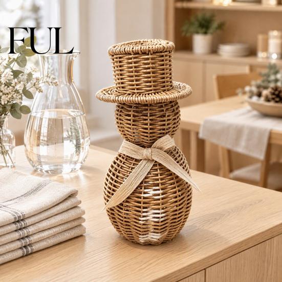 Winter Party Table Decorations Faux Rattan Snowman Figurine, Christmas Rustic Farmhouse Statue with Bow, Indoor Shelf Hand-Woven Wicker Decoration for