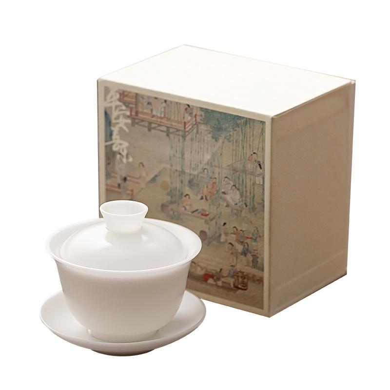 150ml Burnt Mutton Fat Jade White Porcelain Gaiwan Japanese Tea Tureen Tea Cover Bowl Tea Ceremony Supplies Teaware Gift Box