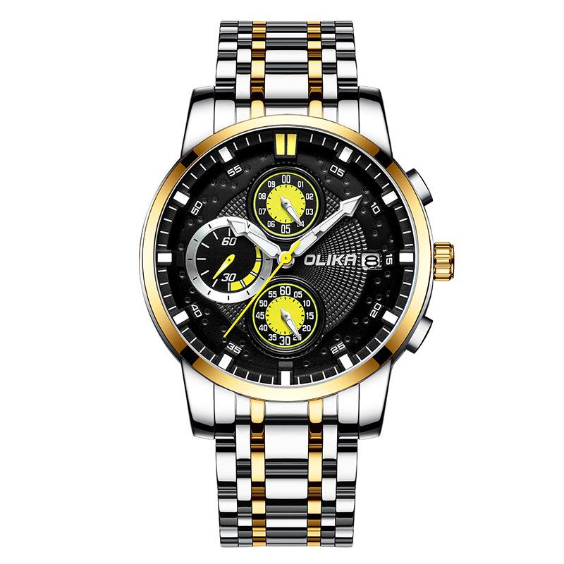 Top high-end brand men's watch waterproof multi-function chronograph quartz business solid steel band calendar watch