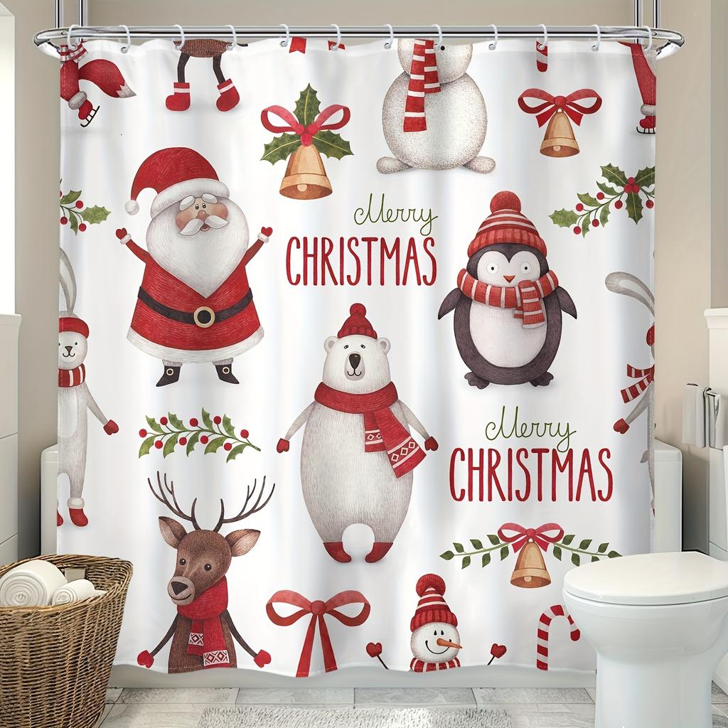 Pink Christmas Shower Curtain Snowman Christmas Tree New Year Gift Polyester Fabric Home Bath Curtains Bathroom Decor With Hooks
