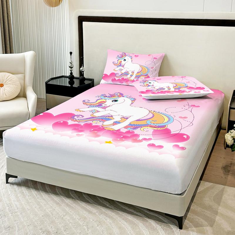 3PC Love Unicorn Powder Bed Sheet 100% Polyester Unicorn Pattern Cute 1 Bed Sheet 2 Pillowcases No Pillow Core Four Seasons