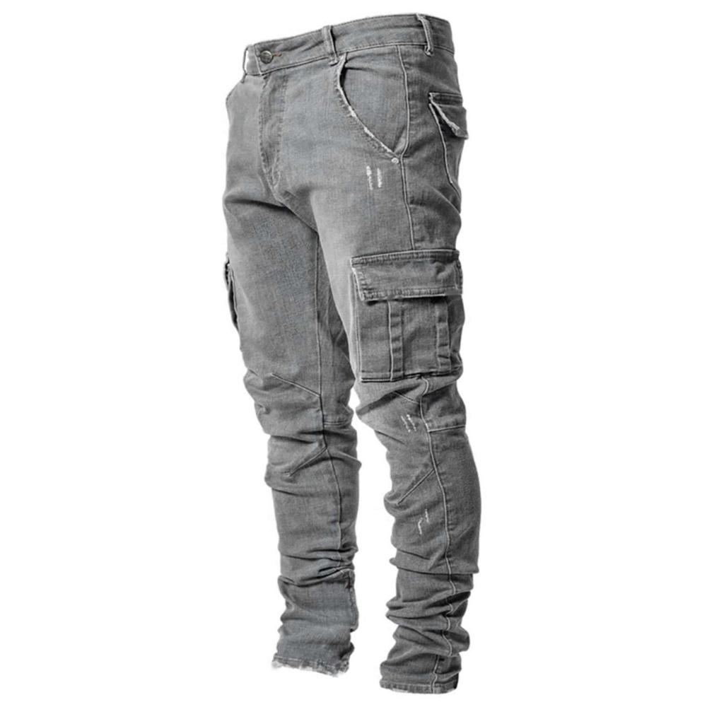 

Уличные эластичные джинсы, мужские джинсовые брюки-карго, однотонные однотонные брюки с несколькими карманами, повседневные брюки со средней талией, облегающие повседневные брюки для бега XXXL серый