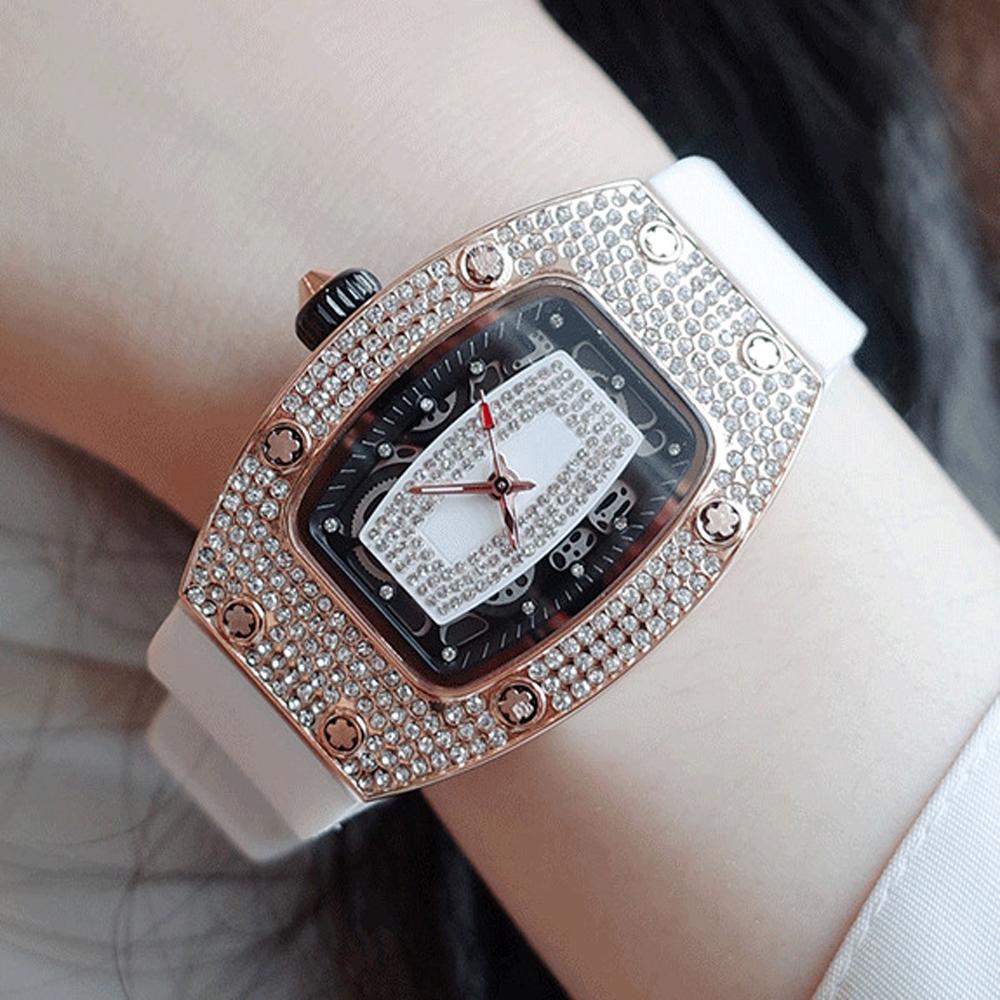 New Luxury Diamond Watch For Women Elegant Tonneau Original Design Watches Fashion Ice Out Sport Rubber Strap 3ATM Waterproof