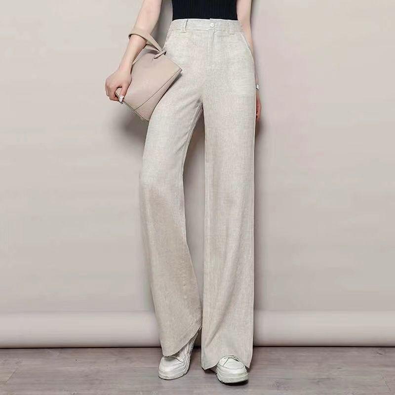 Linen Women's Summer Thin Wide Leg Pants Cotton Linen Floor Length Pants High Waist Drape Plus Size Loose Casual Pants