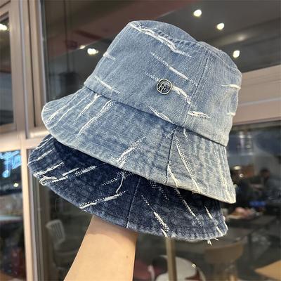 Do Old Denim Bucket Hat Women's Retro Wide Brim Show Face Small Hat Simple Versatile Sunshade Sunscreen Basin Hat Tide