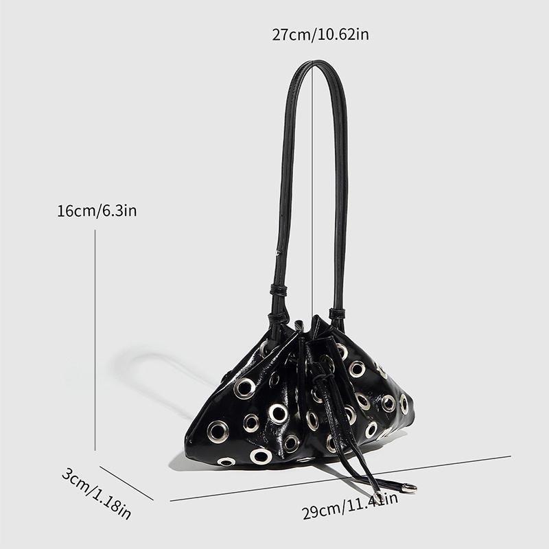 Women Metal Stud Shoulder Bag Large Capacity Retro Hollow Handbag Drawstring Crossbody Bag Shopping Vacation Handbag AVE