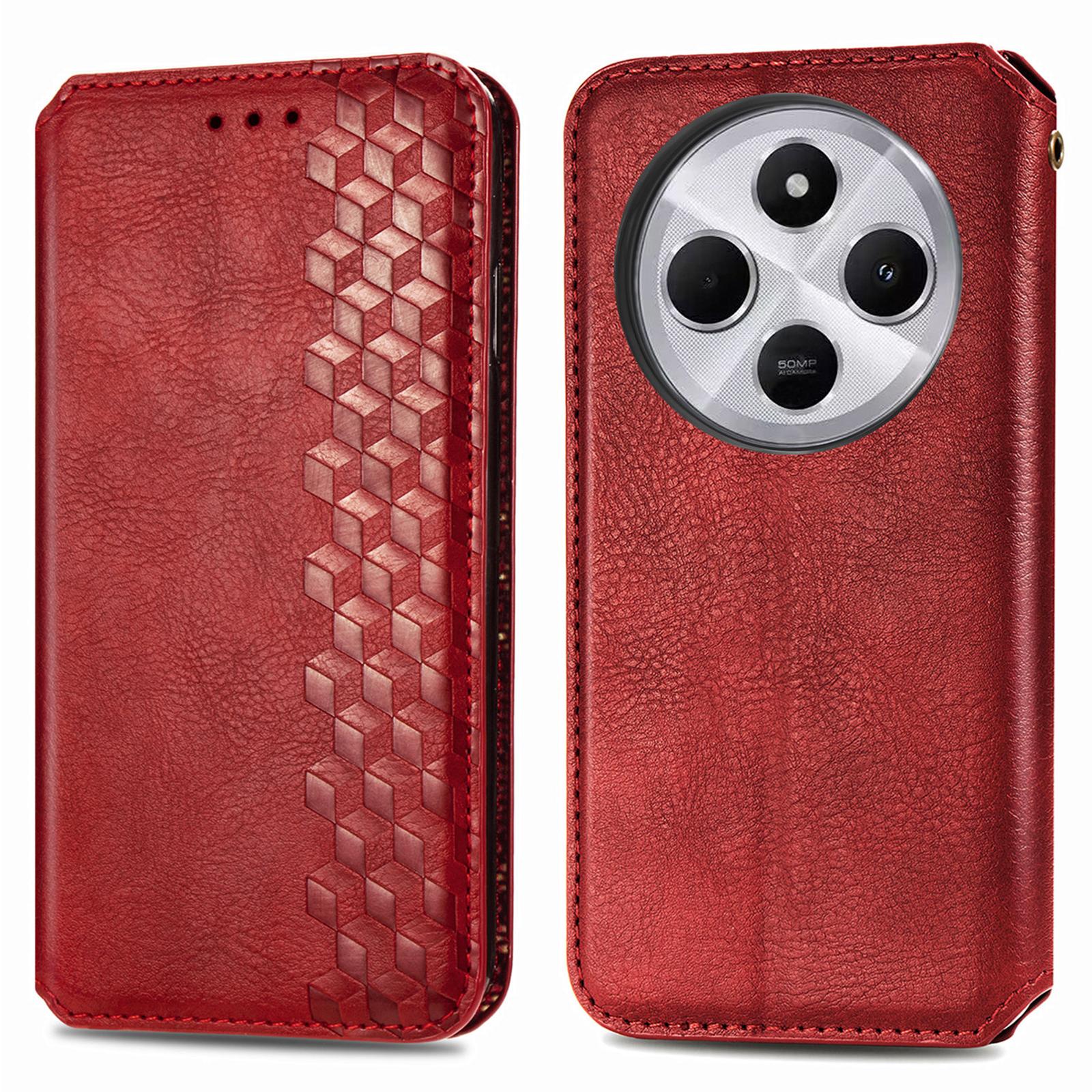 

Rhombus Imprint for Xiaomi Redmi 14C 4G/14R 5G/Poco C75 4G Case PU Leather Wallet Phone Cover Red