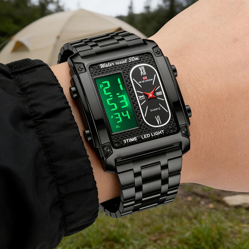 VA VA VOOM Men Watch Men’s Digital Watches with Dual-movement Display, Electronic Display + Analog Display,Stainless Steel Luminous Alarm Wristwatch