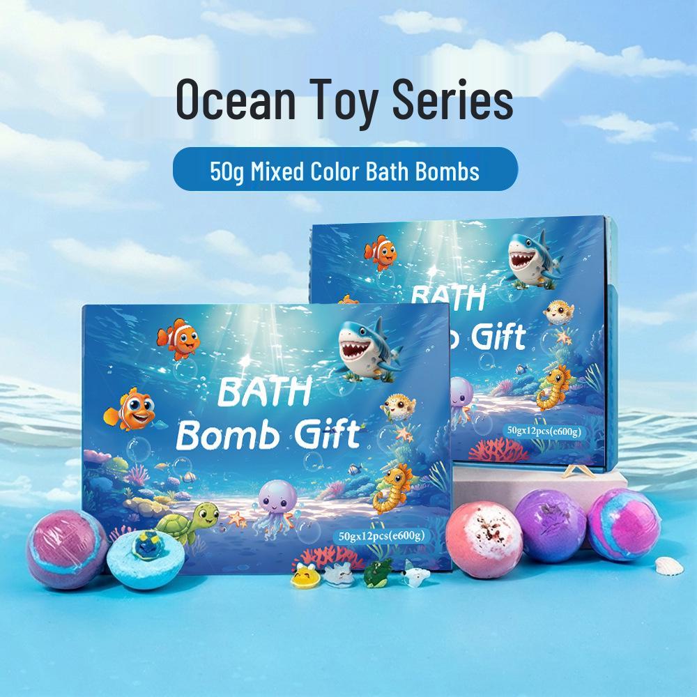 12-Pack Children's Bath Bomb Set with Hidden Ocean Toys, 50g Each