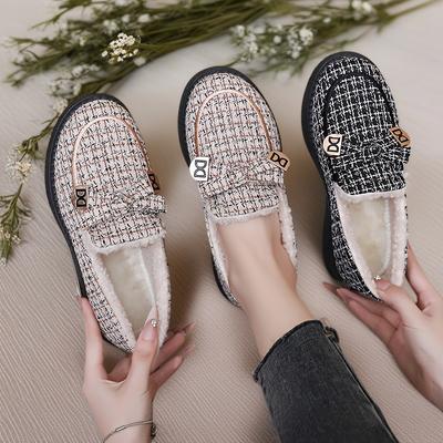 Women's Houndstooth Slip-On Moccasin-Style Shoes - Fleece-Lined Thick & Warm All-Season Comfort, Non-Slip EVA Sole, Round Toe Design with Lining