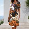 Women Plus Size Round Neck Short Sleeve A Line Dress Cute Cartoon Raccoon Pumpkin Printed