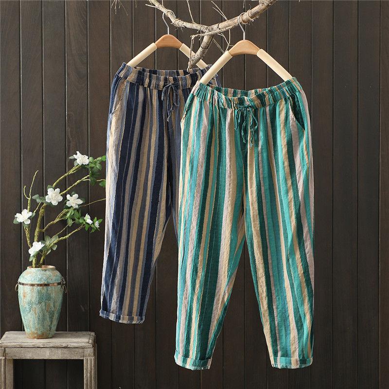 Women's Loose Casual Stripe Pants Thin Cotton Linen Harlan Summer Vintage Trousers