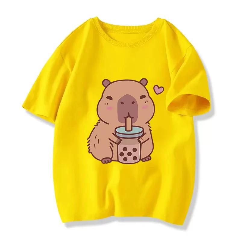 Funny T Shirt Capybara with Turtle Loves Bubble Milk Tea Printed T Shirt Girls/Boys Kawaii Kids Clothes Harajuku Shirt Tops