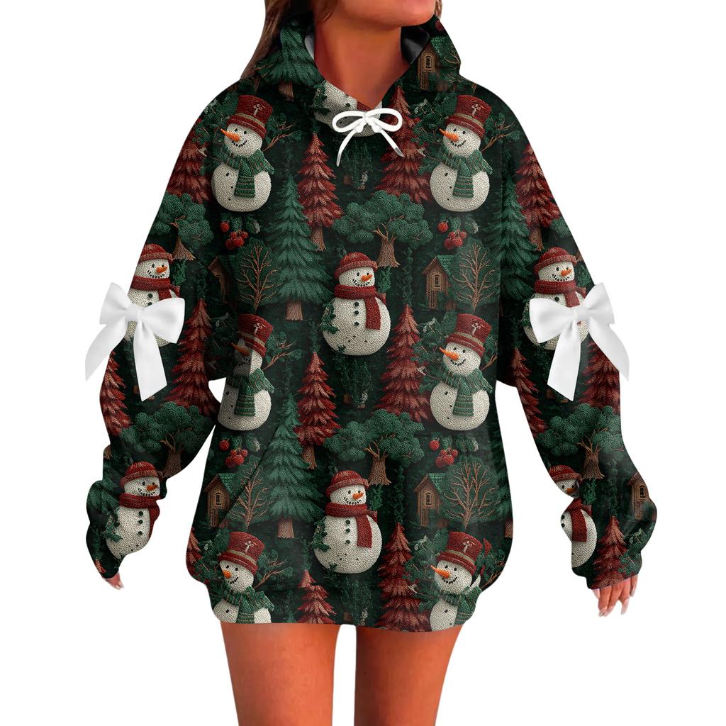 Ladies' Christmas Printed Bow Long Sleeved Loose Fitting Headband With Rope Hooded Sweatshirt Top