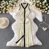 French Style Contrast Color V-neck Single-Breasted Sleeveless Dress Women Casual Knitted Stretch Waist Hugging Slimming Sheath Long Skirt