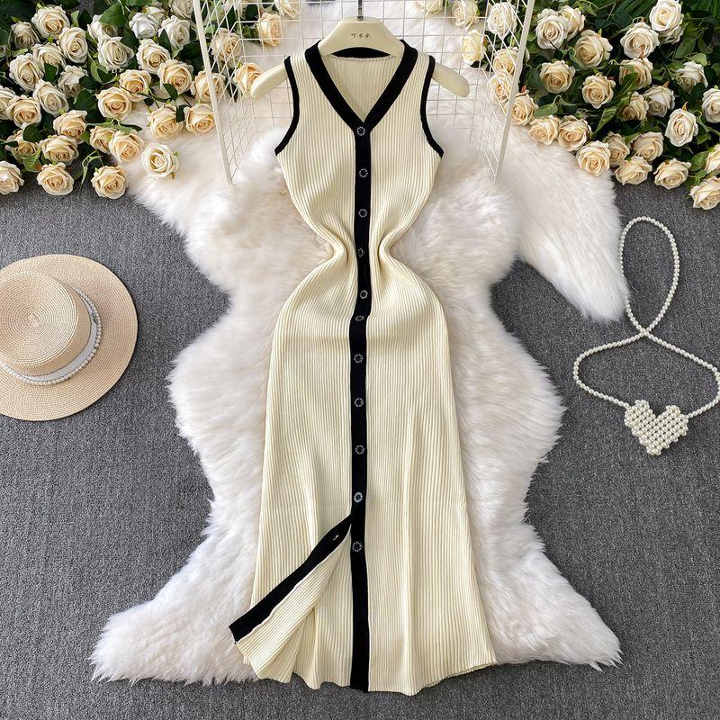 French Style Contrast Color V-neck Single-Breasted Sleeveless Dress Women Casual Knitted Stretch Waist Hugging Slimming Sheath Long Skirt