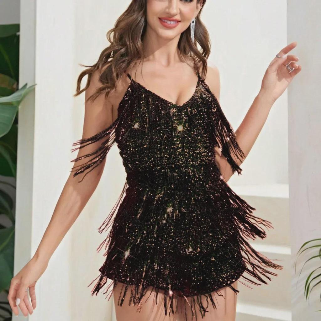 European & American Sexy Sequin Deep V Tassel Jumpsuit: Retro Party Slim Fit