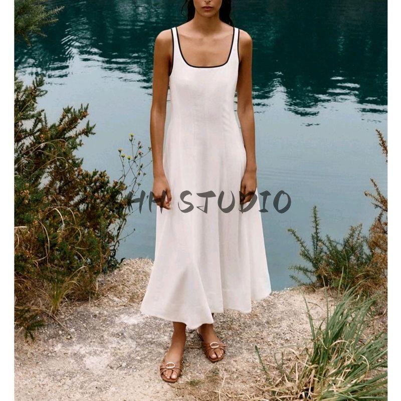 Summer New Product Women's Clothes Minimalist A- line Hem Contrast Color Trim Sling Midi Skirt Dress 8214393