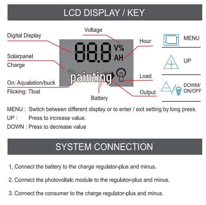 12V/24V Solar Charge Controller with LCD, Lithium-Iron-Lead Acid Compatible, PWM Photovoltaic