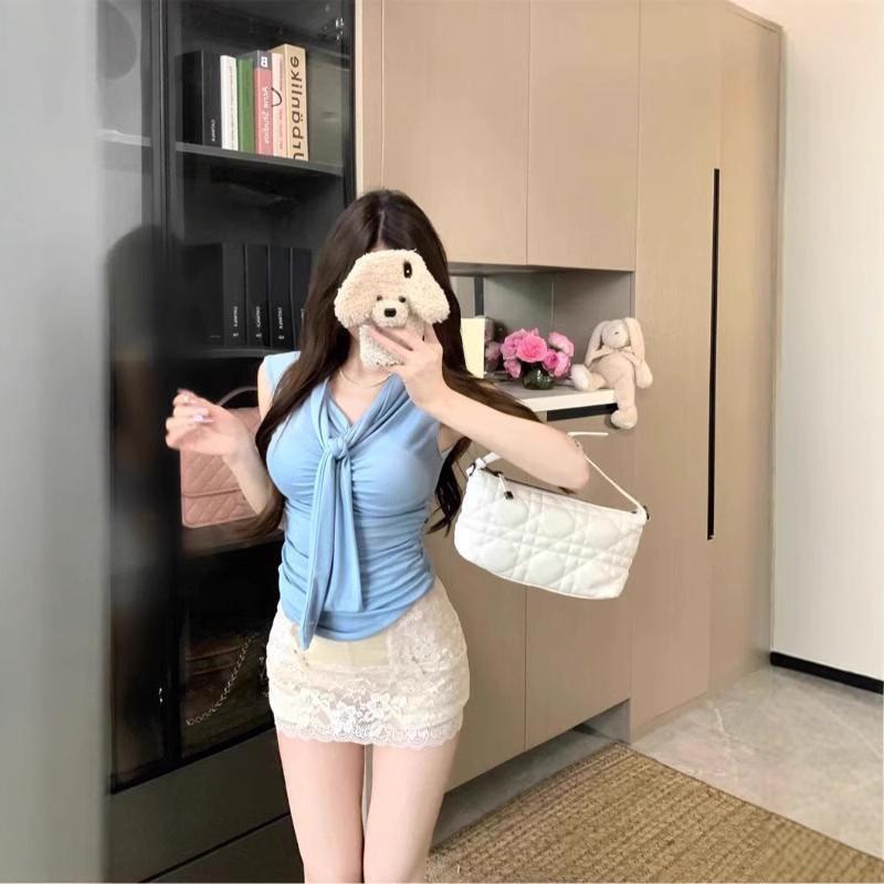 

Korean Style Blue Ribbon Sleeveless Vest T-Shirt for Women - Summer Pleated Slim Fit Extra Large синій