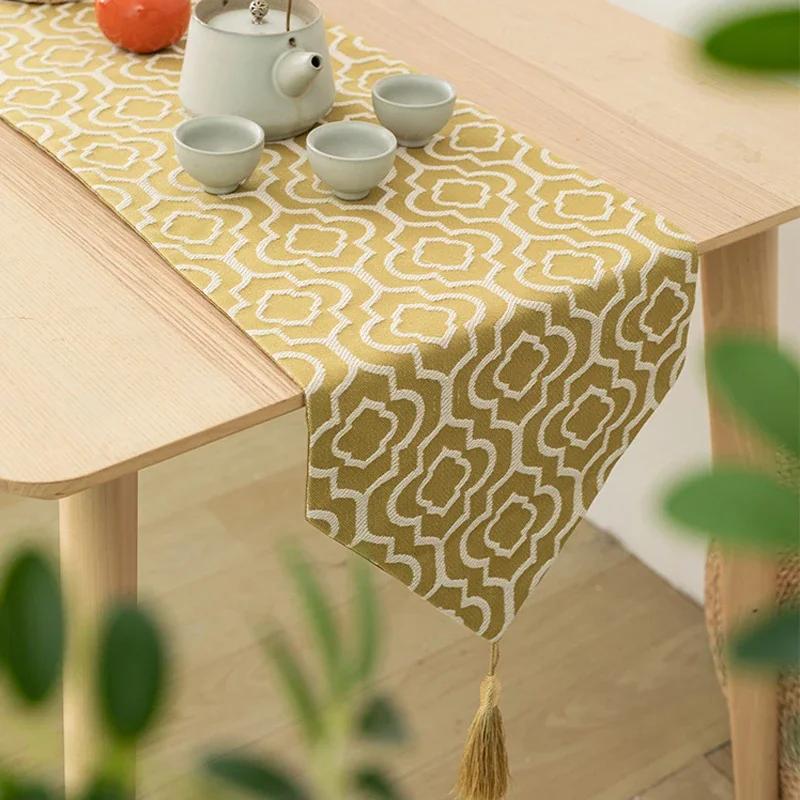 Elegant Jacquard Turquoise Cotton Linen Table Runner with Tassels Dresser Scarf for Home Party Wedding Dining Table Decor