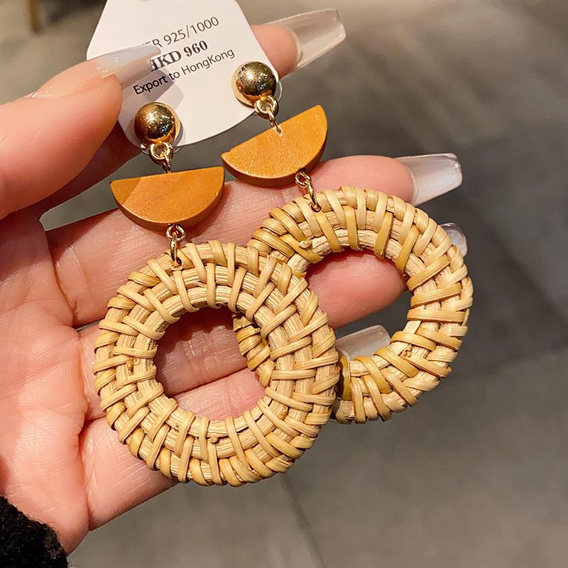 Silver Needle Retro Ethnic Style Rattan Woven Bead Drop Earrings