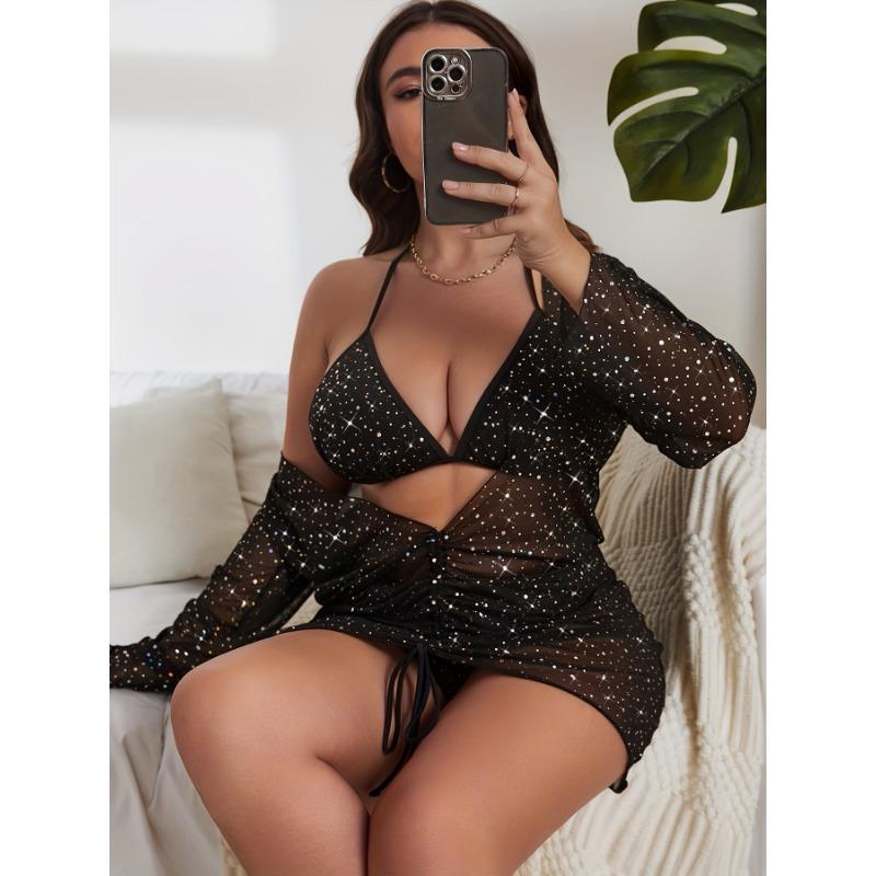 Plus Size Glitter Triangle Halter Tie Strap Backless Bikini With Drawstring Long Sleeve Cover Up Dress 3 Piece Set Swimsuits, Women's Swimwear &