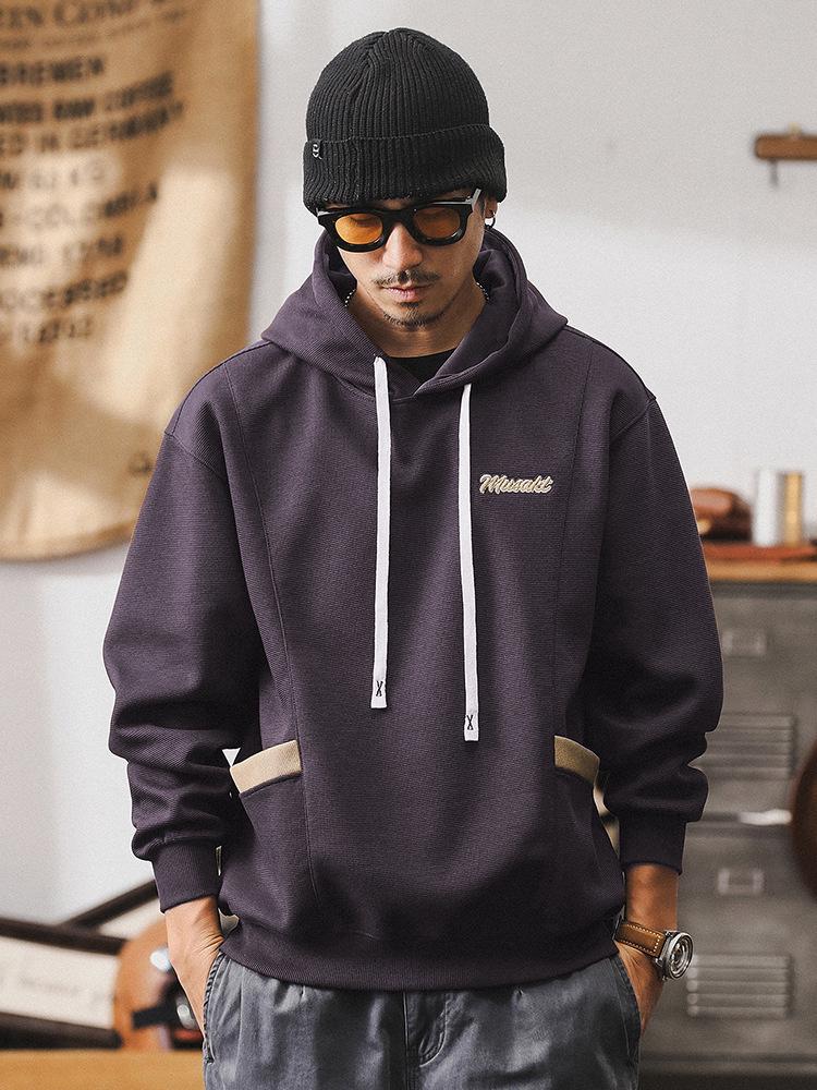 360g Men s Loose Heavyweight Color Block Hoodie - Retro Spring/Autumn Embroidered Casual Jacket XL (suitable for 145-160 jin)