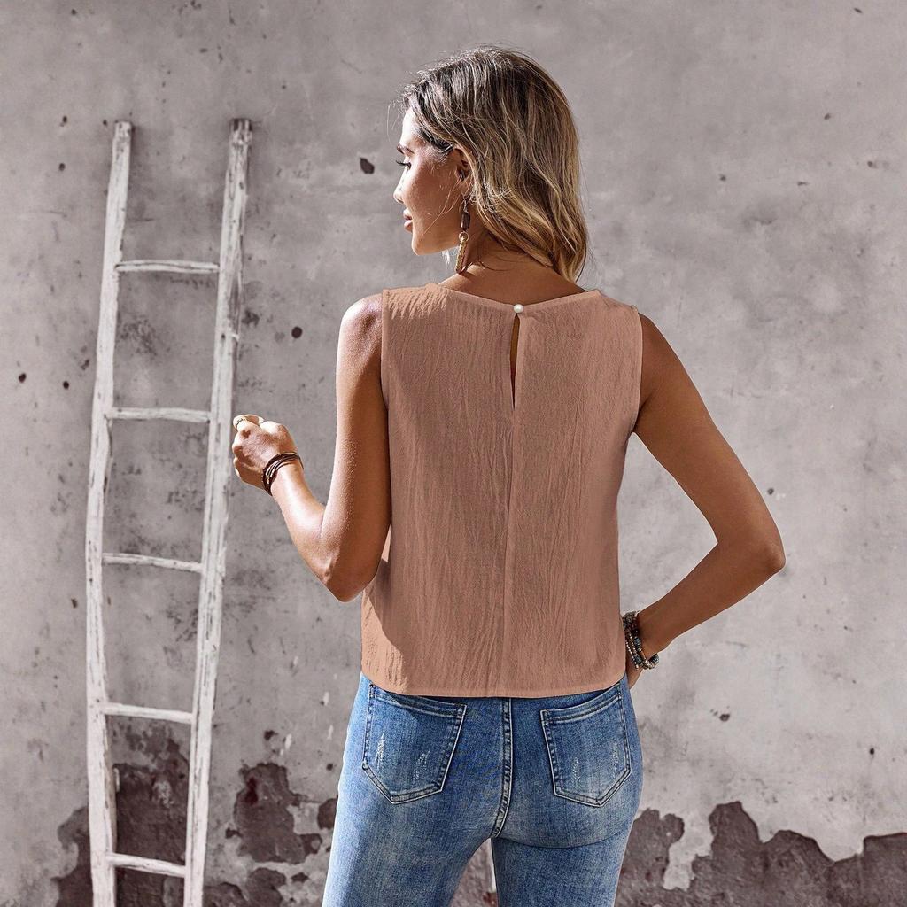 Women's Casual Fashion Round Neck Sleeveless Split Button Short Vest Cotton Linen Shirt Top