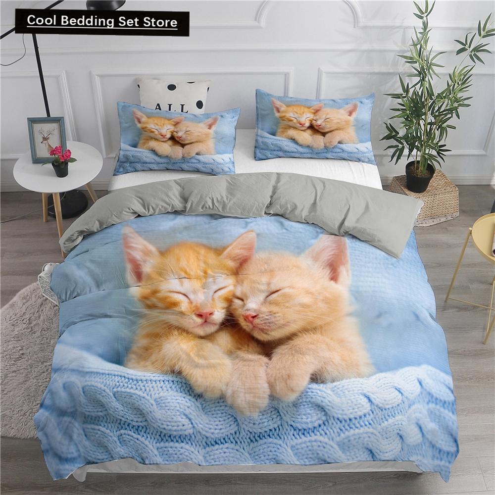 Cartoon Bedding Set Cute Cats Printed 3D Duvet Cover Set Twin Full Queen King Double Sizes Pillowcase Bedclothes Soft Polyester